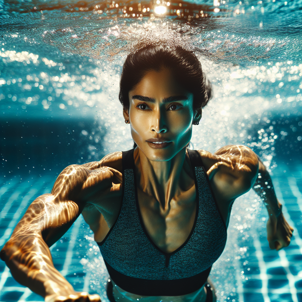 A fit person swimming energetically in a clear blue swimming pool, showing determination and focus. The image conveys the benefits of consistent exercise, subtly hinting at body transformation and fat loss, particularly around the core, in an inspiring and healthy manner. Sunlight glistens on the water.