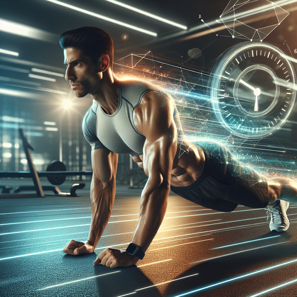 A determined, gender-neutral person with an athletic build performing a dynamic core exercise (like a plank or crunches) in a modern, bright gym setting. In the background, a subtle, transparent clock face or a timer icon is visible, emphasizing the concept of time and consistent effort. The scene conveys focus, health, and the journey to lose belly fat. Realistic photo style, motivational lighting.
