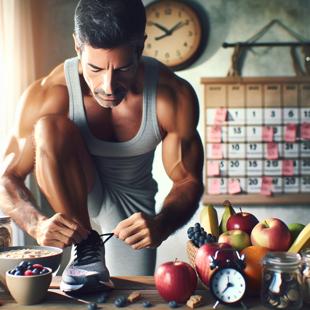 A person with a determined expression is tying their running shoes, ready for exercise. In the background, subtly blurred, are elements of a healthy breakfast (like fruit and oatmeal) and a calendar or clock face indicating the passage of time and progress. The image conveys a sense of commitment to a healthy lifestyle and the journey of losing belly fat over time. Realistic photo style with warm, encouraging lighting.