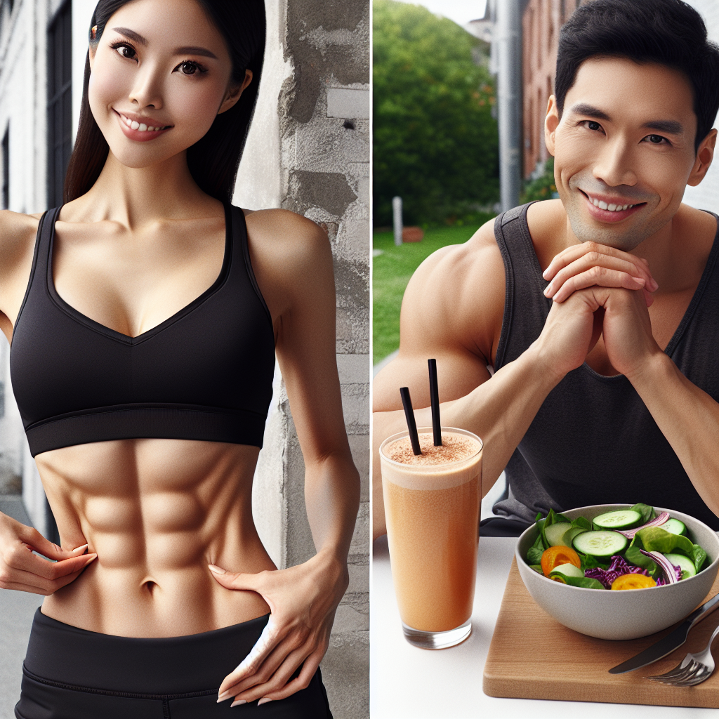 A motivated person, either male or female, in athletic wear, smiling confidently while gently touching their noticeably flatter, toned stomach. The background is a clean, bright, and modern gym or a sunny outdoor park, subtly featuring elements like a healthy fruit smoothie or a light salad on a nearby table. The overall mood is one of success, health, and energy, with a realistic, high-quality photograph style.