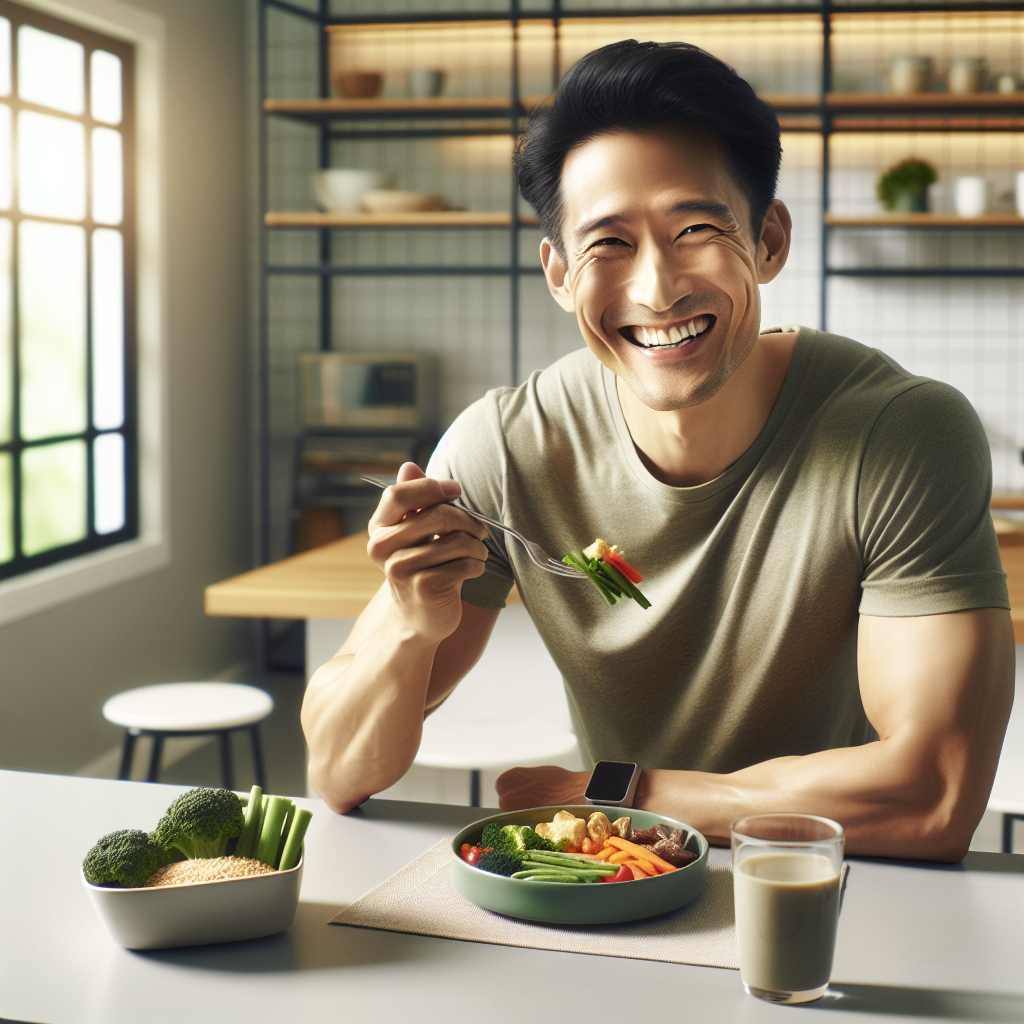 A cheerful, healthy-looking person in their 30s, slim and radiant, happily eating a small, balanced meal consisting of colorful vegetables, lean protein, and whole grains on a modern kitchen table. There are absolutely no sports or exercise items visible in the frame. The background is a clean, bright home kitchen, emphasizing an easy, everyday approach to weight loss without physical exertion. Realistic photo, warm natural light.