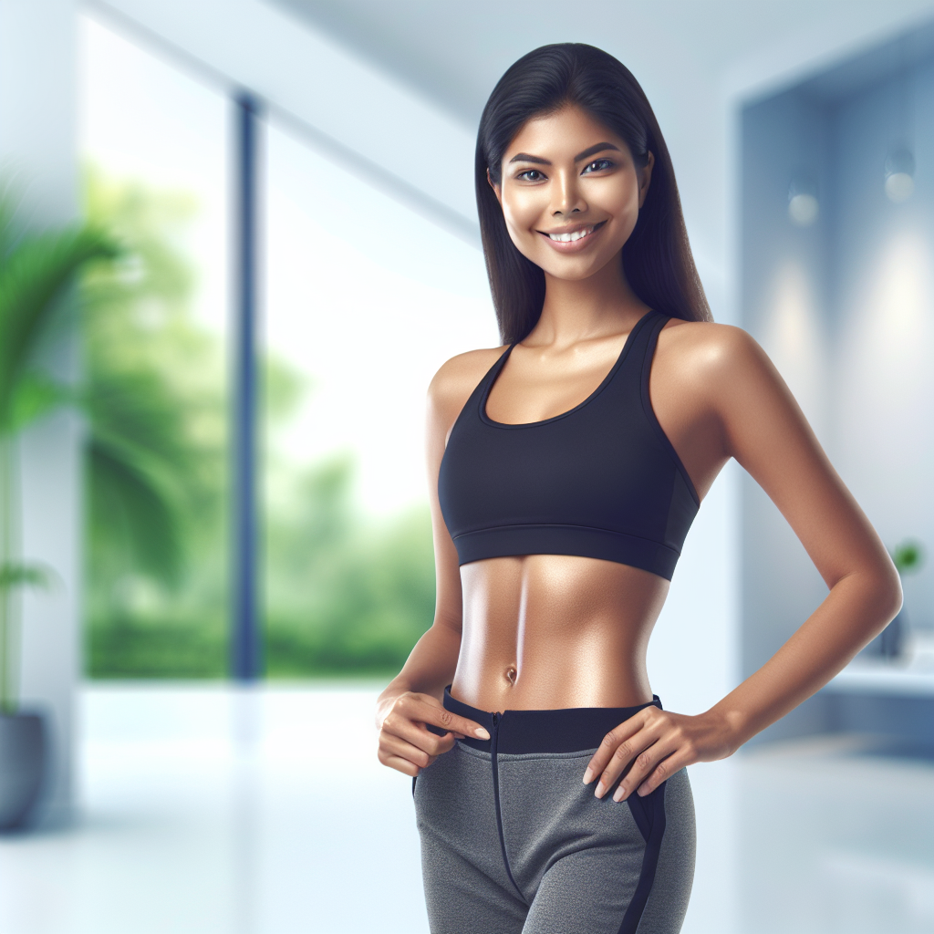 A diverse person with a visibly flat and toned stomach, confidently smiling, wearing comfortable athletic wear. The background is bright and clean, subtly suggesting a healthy lifestyle like a modern gym or a calm outdoor setting. The image should convey a sense of achievement and well-being. Realistic, high-quality photograph.