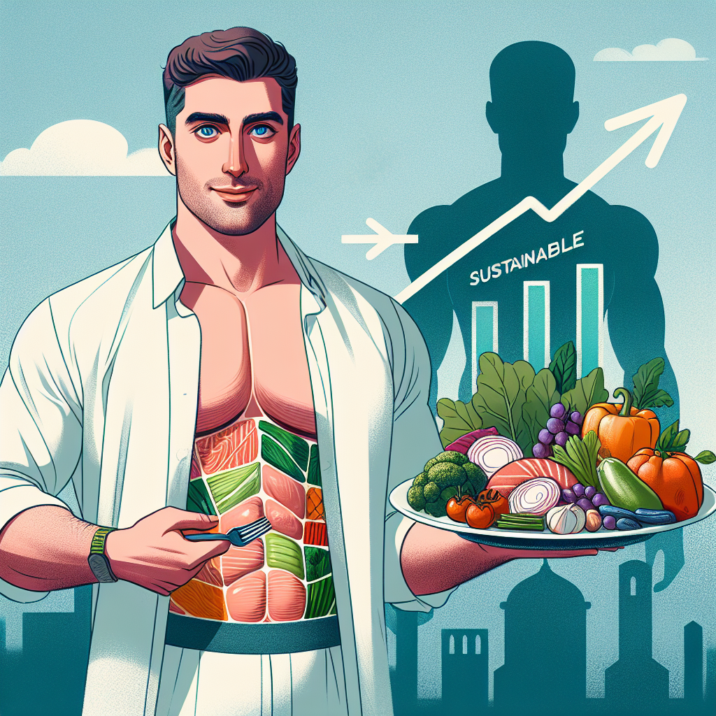 An encouraging and clean digital illustration for a blog article about sustainable belly fat reduction. The image features a diverse person with a confident, healthy posture, holding a vibrant, balanced meal plate filled with colorful vegetables, lean protein, and healthy fats. In the background, there's a subtle, abstract representation of gradual progress, like a gently ascending path or a timeline, leading towards a silhouette suggesting a flatter stomach or increased well-being. The overall aesthetic is bright, optimistic, and emphasizes consistent, healthy habits over quick fixes, suitable for an informative health blog. No extreme body transformations or unrealistic depictions.