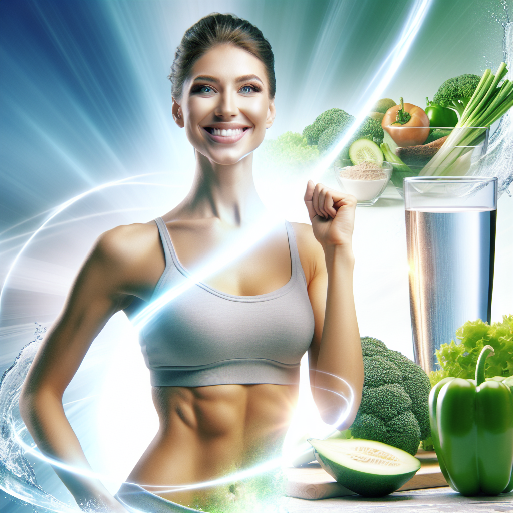 A vibrant and optimistic image showing a person with a healthy, toned midsection, confidently smiling towards the viewer. In the background, a soft blur reveals elements symbolizing a balanced lifestyle: fresh green vegetables, a glass of water, and sunlight hinting at outdoor activity. Realistic photography style, focus on well-being and progress.