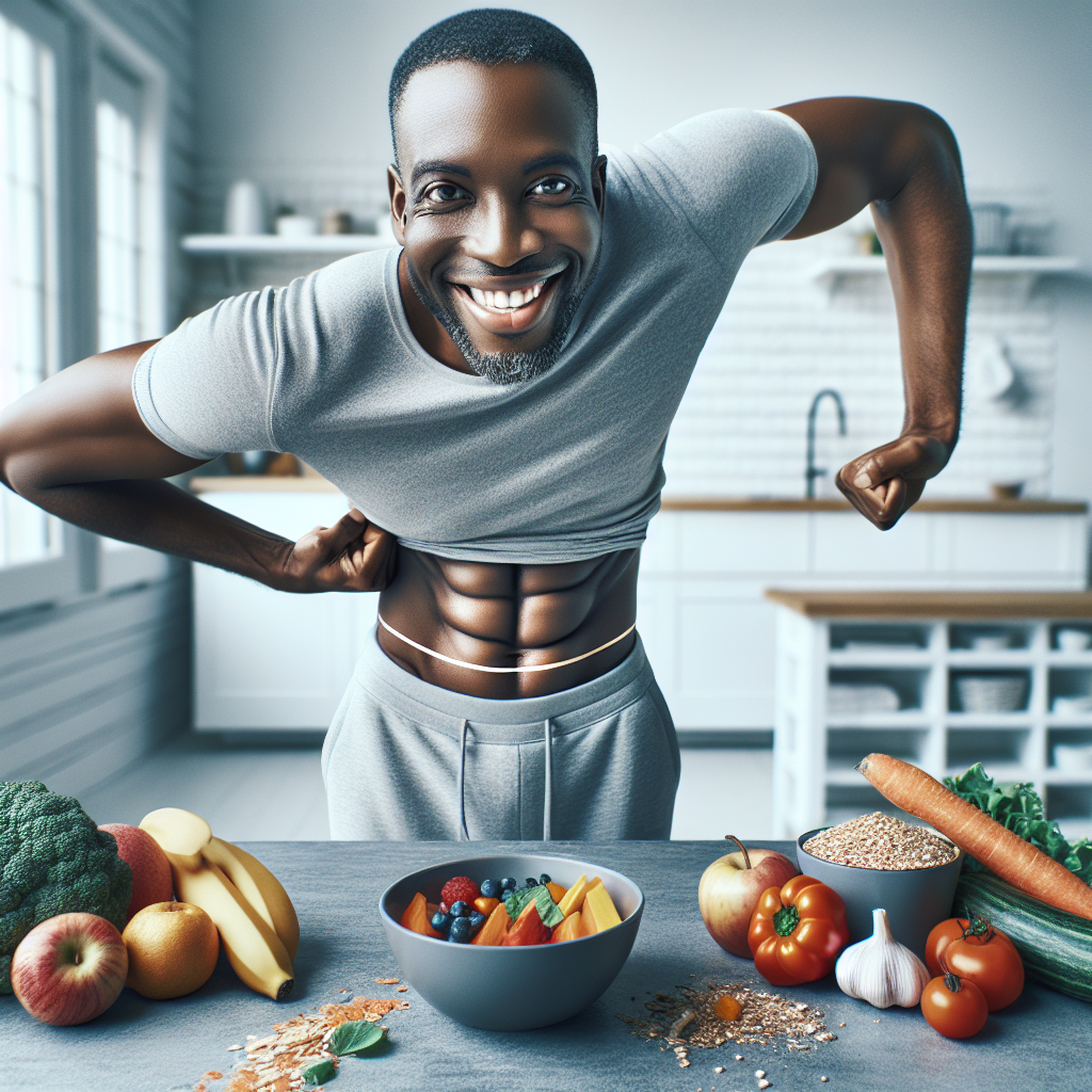 A smiling, healthy person with a noticeably flat stomach, wearing comfortable athletic wear, performing a gentle stretch or a light exercise. Around them, fresh and vibrant elements like colorful vegetables, fruits, and whole grains are artfully arranged on a clean counter or table, subtly emphasizing healthy nutrition. The background suggests a bright, modern kitchen or a minimalist home gym. The overall image radiates vitality, confidence, and the positive outcome of a balanced lifestyle, illustrating effective belly fat loss. Realistic, high detail.
