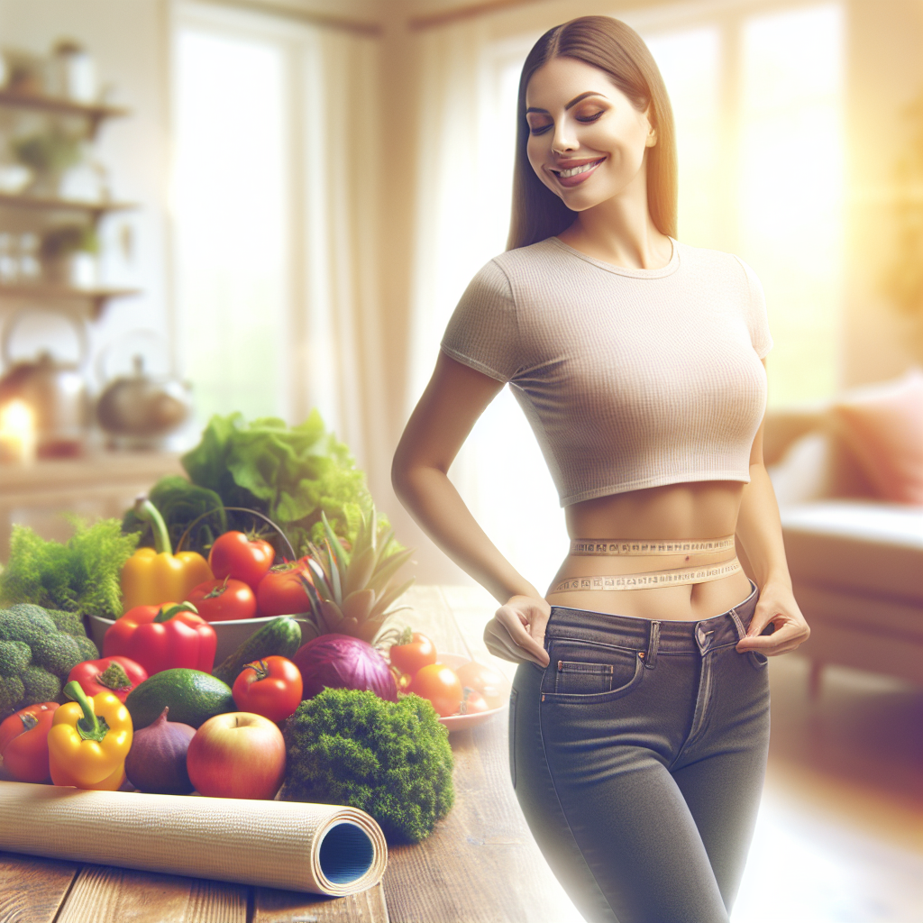 A cheerful man or woman with a visibly flatter stomach, standing confidently and healthily. Surrounding them are subtle elements representing a balanced lifestyle: fresh, colorful vegetables and fruits on a kitchen counter, a yoga mat on the floor, and a bright, serene home environment. Soft, natural light, realistic photo style.