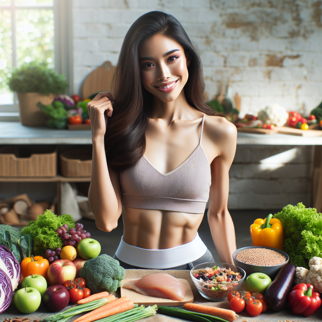 A diverse person with a fit, toned midsection, smiling confidently, surrounded by an abundance of fresh, colorful, healthy foods like vegetables, fruits, lean chicken, and whole grains on a rustic kitchen table. The scene has bright, natural light, conveying a sense of health, vitality, and successful belly fat loss through nutrition.