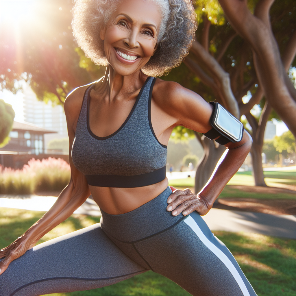 A vibrant and healthy senior woman in her 60s or 70s, smiling brightly while doing light stretching or walking in a sunny park. She looks energetic and fit, wearing comfortable activewear, symbolizing successful aging and improved well-being. Realistic, high-quality photograph, full body shot.