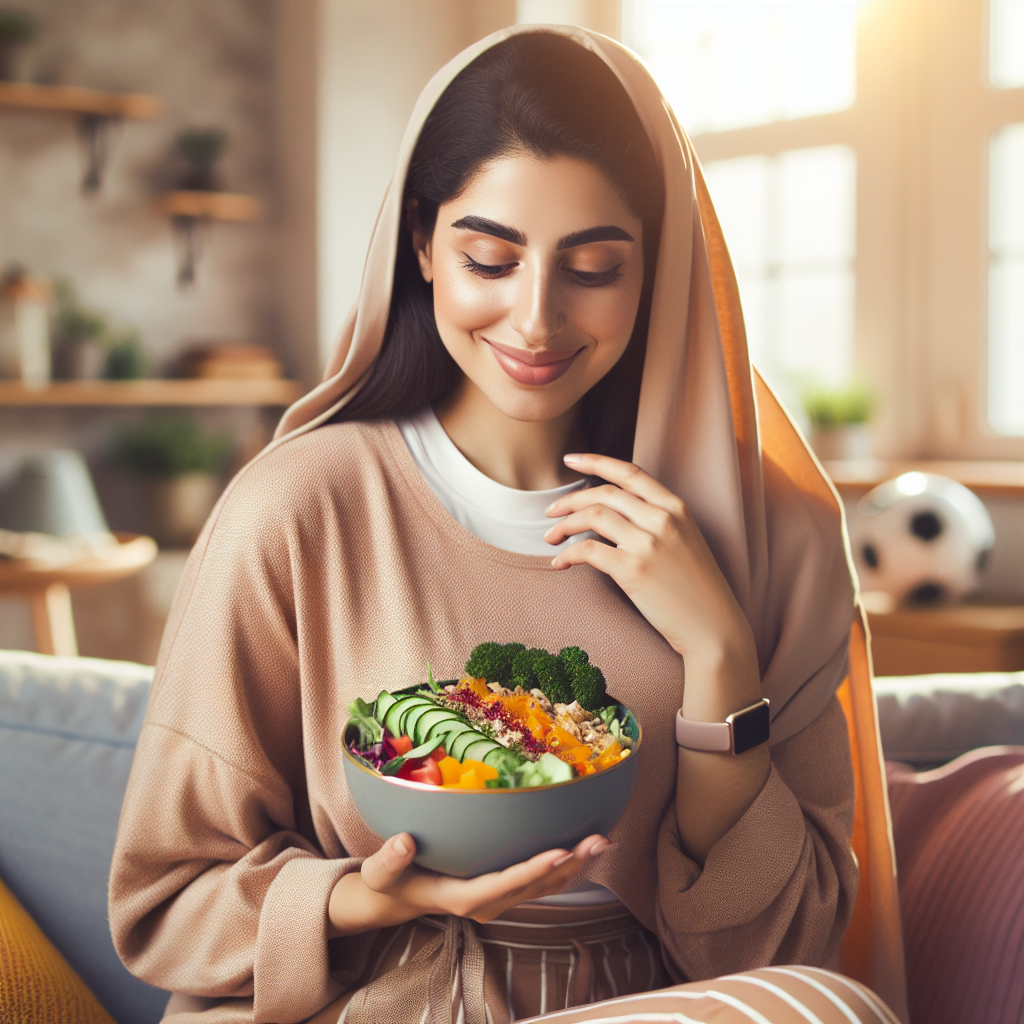 A person, visibly relaxed and calm, gently touching their slightly flatter stomach with one hand, while the other hand holds a plate of healthy, colorful food (like a fresh salad with lean protein and vegetables). The setting is a cozy, natural-lit home environment, not a gym or fitness studio. There are no sports items visible. The person has a subtle, confident smile, representing successful belly fat loss through healthy eating and lifestyle changes without strenuous physical exercise. Realistic photography, soft focus in background.