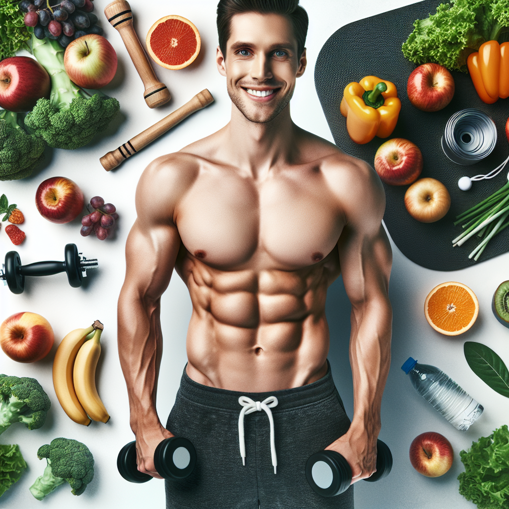 A person with a visibly toned and flat midsection, smiling confidently in activewear. In the background, there are subtle hints of healthy food (like fresh fruits or vegetables) and light exercise equipment, symbolizing a successful and balanced lifestyle focused on sustainable fat loss and well-being. The image should convey vitality, health, and positive progress with bright, optimistic lighting. Realistic photograph.