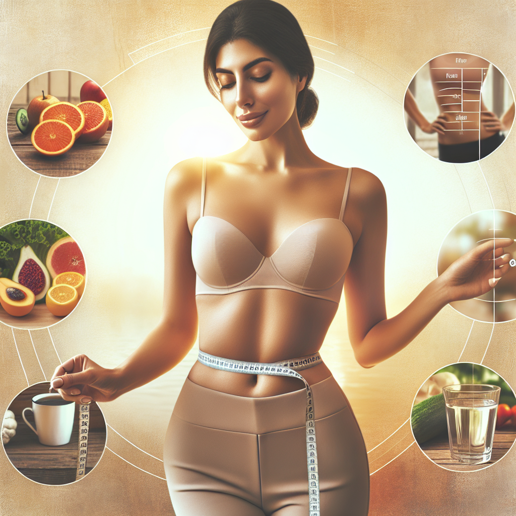 A person gently touching their flat stomach with a confident and happy expression, signifying successful belly fat loss. Around them, elements of a healthy lifestyle are visible: fresh fruits and vegetables, a glass of water, and a blurred background suggesting light physical activity or a sunny outdoor setting. The image should convey well-being, progress, and a positive body image. Realistic style, soft lighting, inspiring atmosphere.