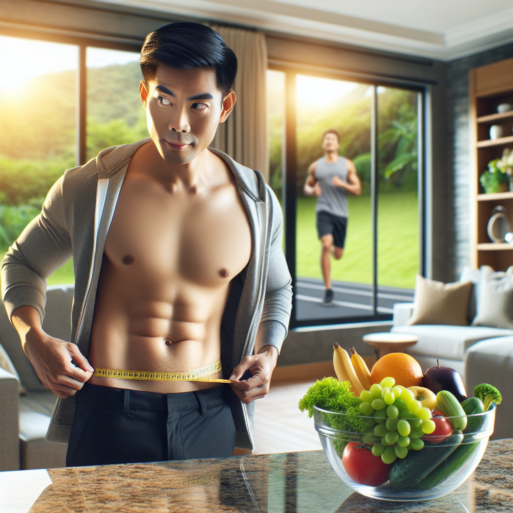 A diverse person looking confident and healthy, with a visibly flatter stomach, engaging in a light, positive health activity like reaching for a piece of fresh fruit or stretching. In the background, elements symbolizing a balanced lifestyle are visible: a vibrant bowl of fresh fruits and vegetables on a kitchen counter, and subtle hints of an active outdoor setting. Realistic, warm lighting, encouraging atmosphere.