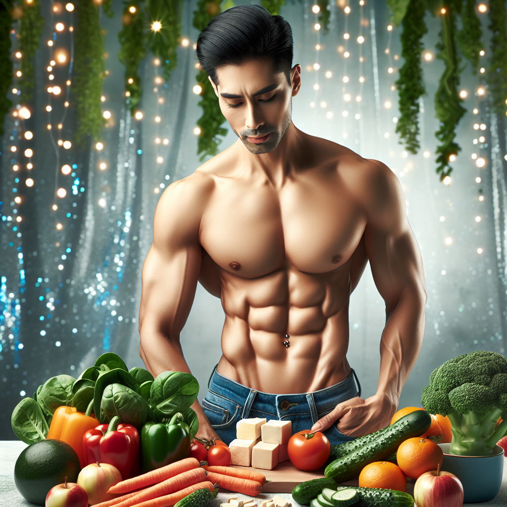 A healthy, confident person, subtly highlighting their toned midsection or slim waist, surrounded by an abundance of fresh, vibrant vegetables, fruits, and lean protein. The scene is bright, clean, and inspiring, representing a healthy lifestyle focused on nutrition for fat loss. Realistic, modern photography style.
