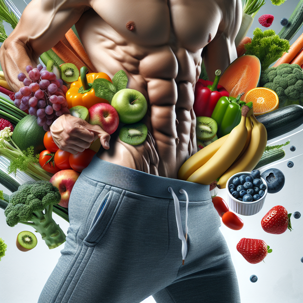 A fit, energetic person with a toned midsection, showcasing a healthy lifestyle. They are surrounded by vibrant, fresh whole foods like fruits, vegetables, and lean protein, with a subtle element of movement or activity in the background. The overall aesthetic is clean, bright, and inspiring, emphasizing effective and healthy belly fat loss.
