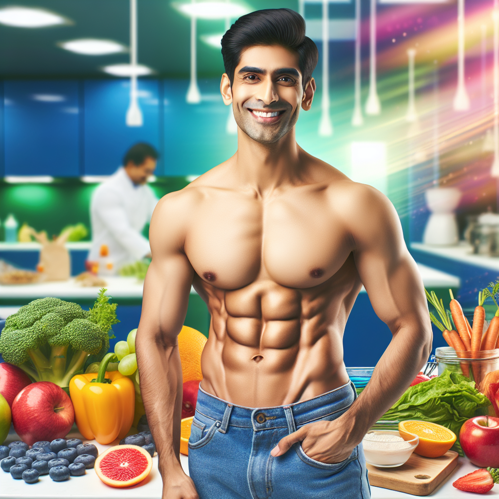A person with a flat, toned midsection, smiling confidently, surrounded by a variety of vibrant, healthy foods like fresh fruits, vegetables, and lean proteins, in a bright, clean kitchen or fitness setting. The image should convey vitality, health, and successful abdominal fat loss.