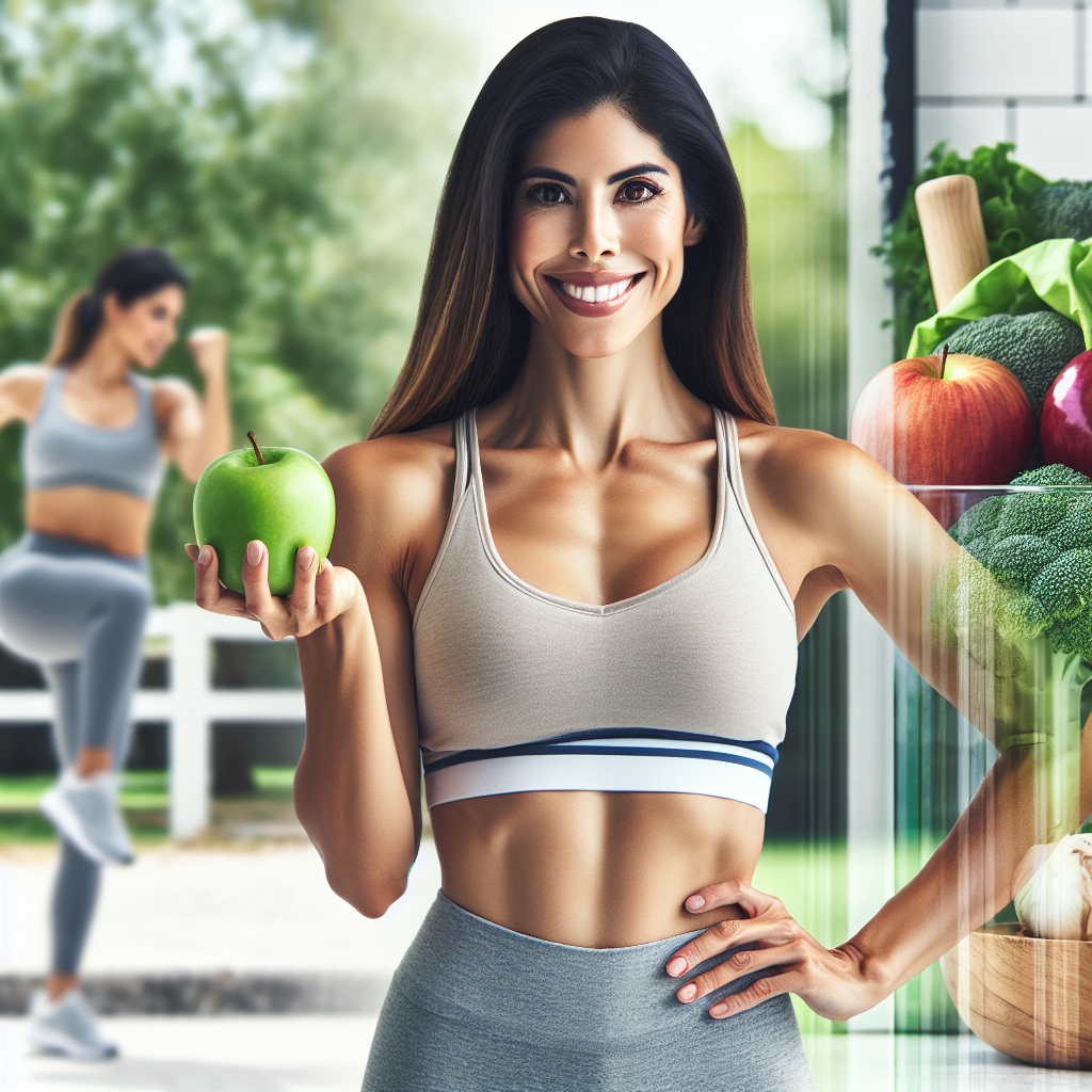 A diverse and healthy-looking person, with a toned midsection, smiling confidently while engaging in light exercise or holding a healthy snack (like an apple). The background subtly combines elements of a modern kitchen with fresh produce and an outdoor park or gym setting, symbolizing a balanced lifestyle. Bright, encouraging, and realistic photographic style, emphasizing wellness and progress.