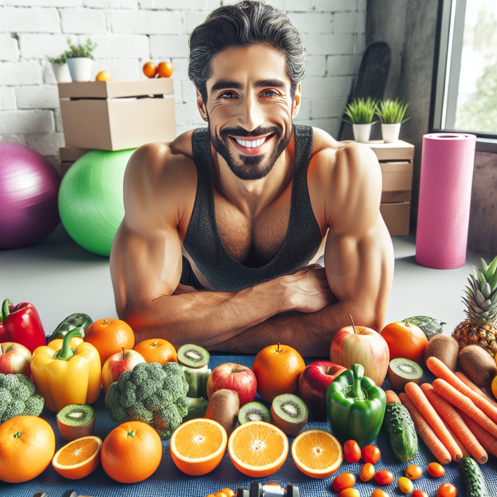 A bright, motivational image of a diverse, fit person with a radiant smile, showcasing a healthy lifestyle. Elements like fresh fruits, vegetables, and subtle exercise equipment (e.g., small weights, yoga mat) are artfully arranged around them. The aesthetic is clean, modern, and energetic, conveying health, vitality, and the positive journey towards a toned physique and overall well-being. The focus is on empowerment and positive transformation.
