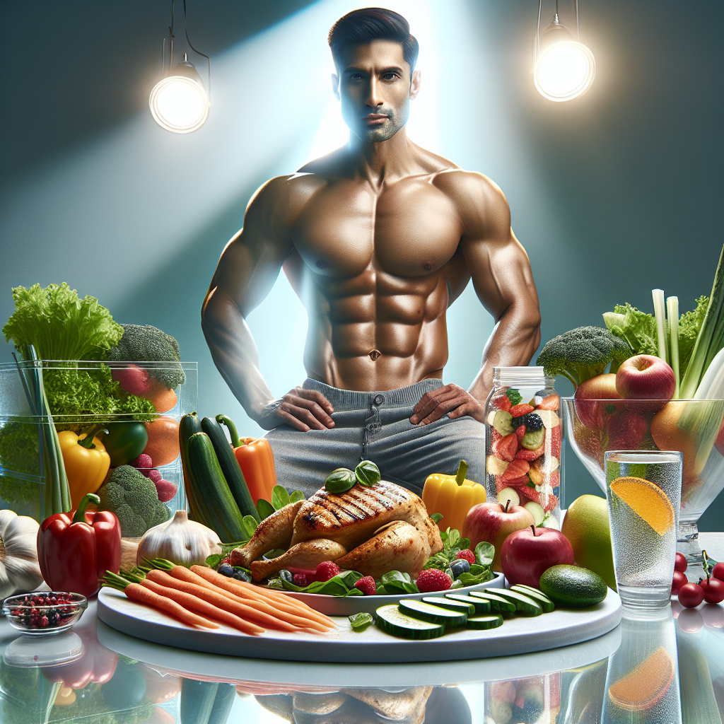 A fit person, with a visibly flatter stomach, is confidently standing or sitting in a bright, clean environment. In the foreground, a vibrant and healthy meal featuring fresh vegetables, lean protein (like grilled chicken or fish), and fruits is prominently displayed. A glass of water is also visible. The overall scene conveys success, well-being, and effective healthy lifestyle choices for reducing belly fat. Realistic, inspiring photographic style with good lighting.