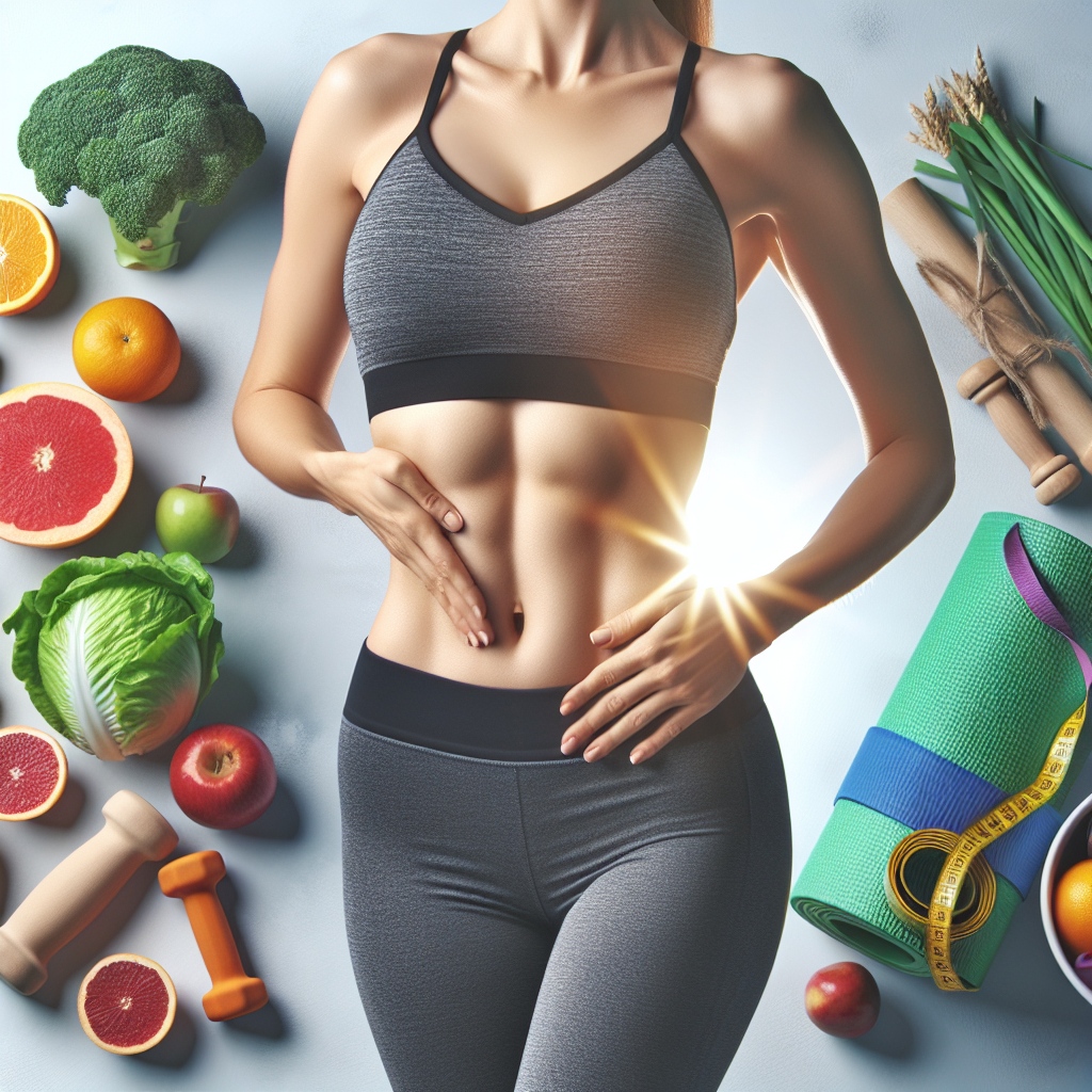 A happy, confident man or woman with a visibly flat stomach, surrounded by elements of a healthy lifestyle such as fresh fruits, vegetables, and light exercise equipment. The scene is bright and motivating, in the style of a realistic photograph. Focus on well-being and the positive results of effective tips for belly fat reduction.