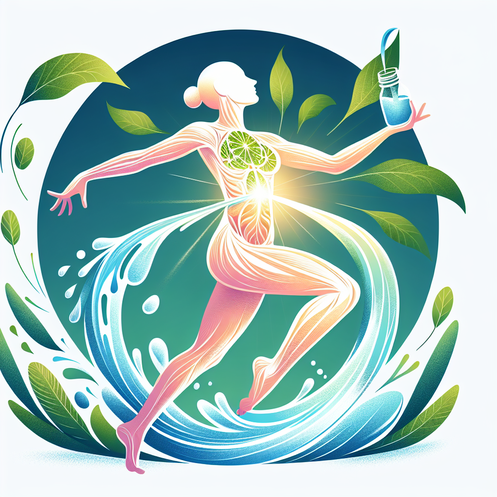 A vibrant and uplifting digital illustration showing a person (gender-neutral) radiating health and energy, with a subtle emphasis on a strong, healthy core. They are gracefully moving or in a posture of well-being, surrounded by symbolic elements of a balanced lifestyle: fresh green leaves, flowing water, and soft light. The aesthetic is clean, modern, and inspiring, focusing on internal health and vitality, not explicitly showing fat. Soft, natural color palette, vector art.