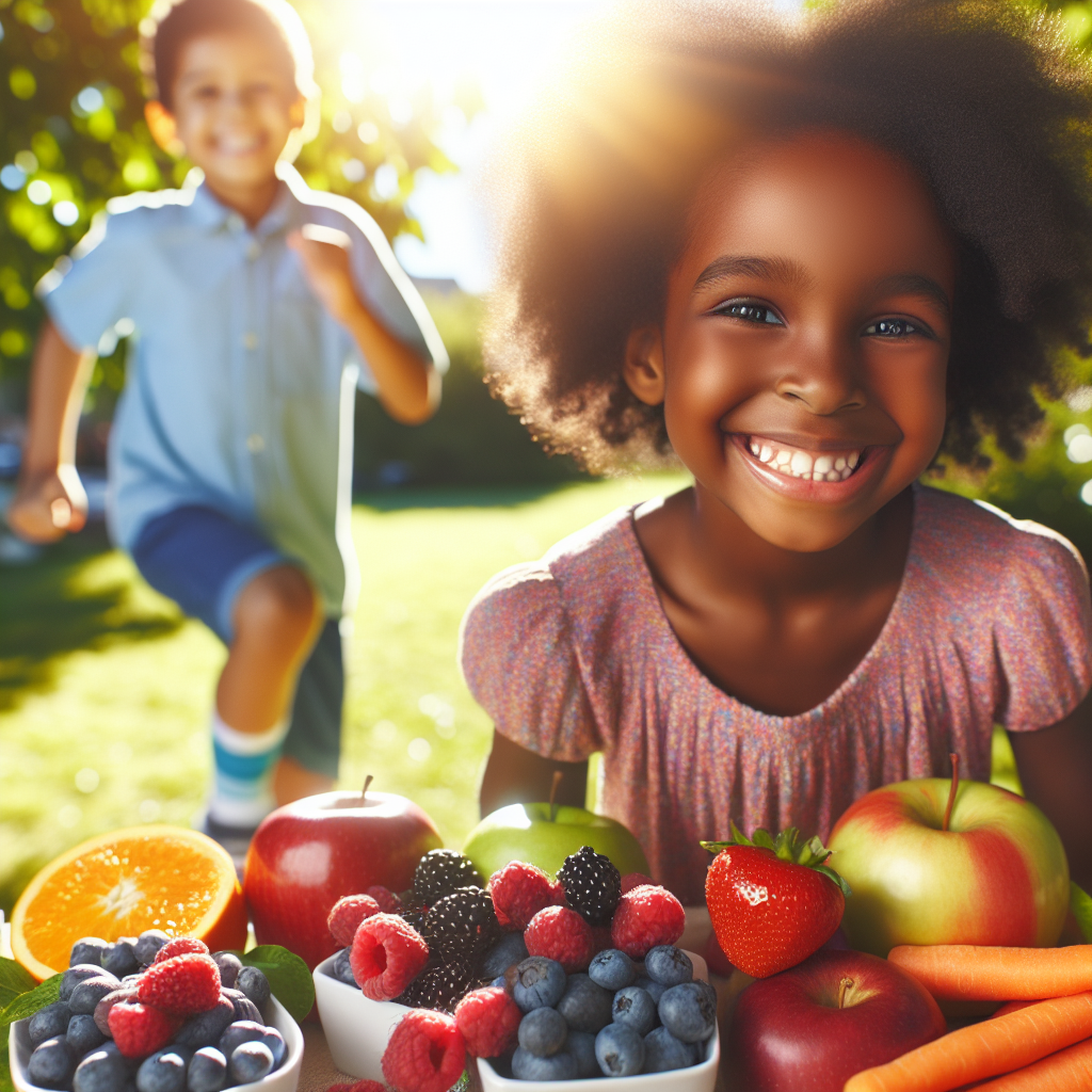 Ein fröhliches und energiegeladenes Kind, etwa 8 Jahre alt, das draußen in einem sonnigen Park spielt und lächelt. Im Vordergrund sind ansprechend arrangierte, bunte und gesunde Lebensmittel wie frische Beeren, Apfelschnitze und Karottensticks zu sehen. Das Bild sollte eine positive Atmosphäre von Gesundheit, Aktivität und Freude vermitteln, ohne den Fokus auf Übergewicht zu legen, sondern auf einen gesunden Lebensstil für Kinder.