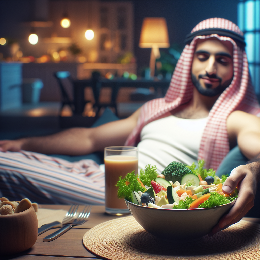A person is relaxing comfortably at home, perhaps on a sofa or at a kitchen table, smiling gently. They are holding or looking at a plate of delicious, healthy food (e.g., a vibrant salad, fruit bowl, or balanced meal), with absolutely no sports equipment or gym context visible. The atmosphere is calm, content, and cozy, symbolizing healthy weight loss achieved through mindful diet and lifestyle changes rather than exercise. Soft, natural lighting. Realistic, inviting style.