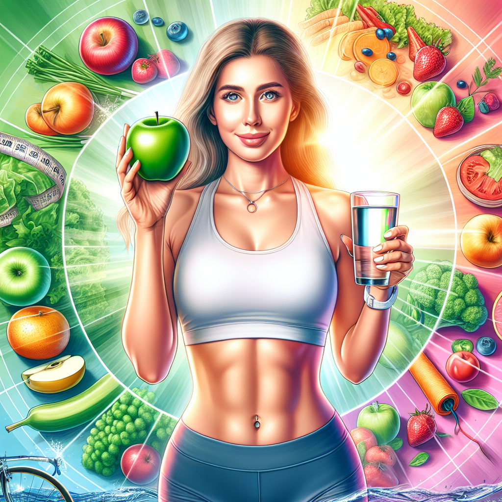 A person with a visibly flatter waistline, looking confident and healthy, holding a vibrant green apple or a glass of water. The background features elements of a balanced diet like fresh vegetables and fruits, and a subtle hint of a clean, active lifestyle, conveying well-being and achievement. The style is bright, optimistic, and realistic.