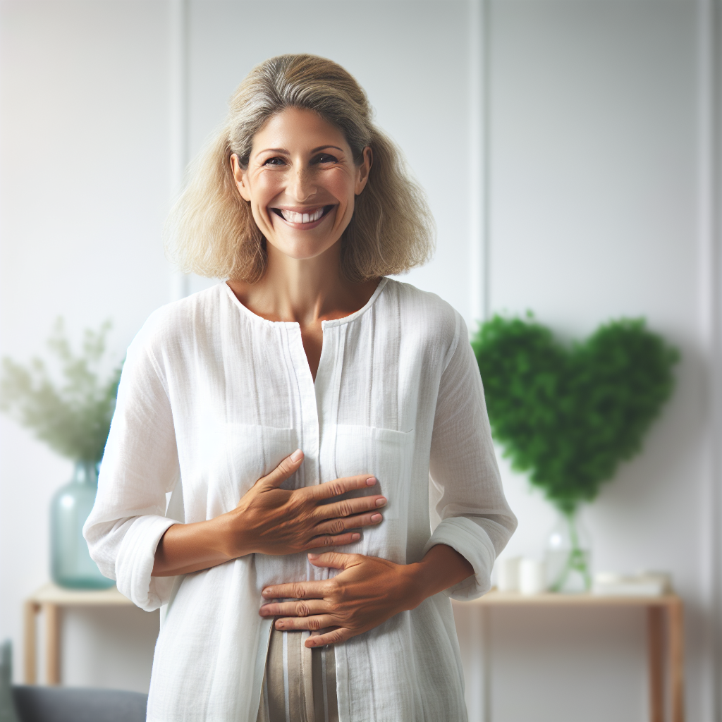 Eine glückliche, selbstbewusste Frau mittleren Alters, die sich lächelnd den Bauch hält, vor einem frischen, modernen Hintergrund, der Gesundheit und Wohlbefinden symbolisiert. Weiches Licht, hochwertige Fotografie.