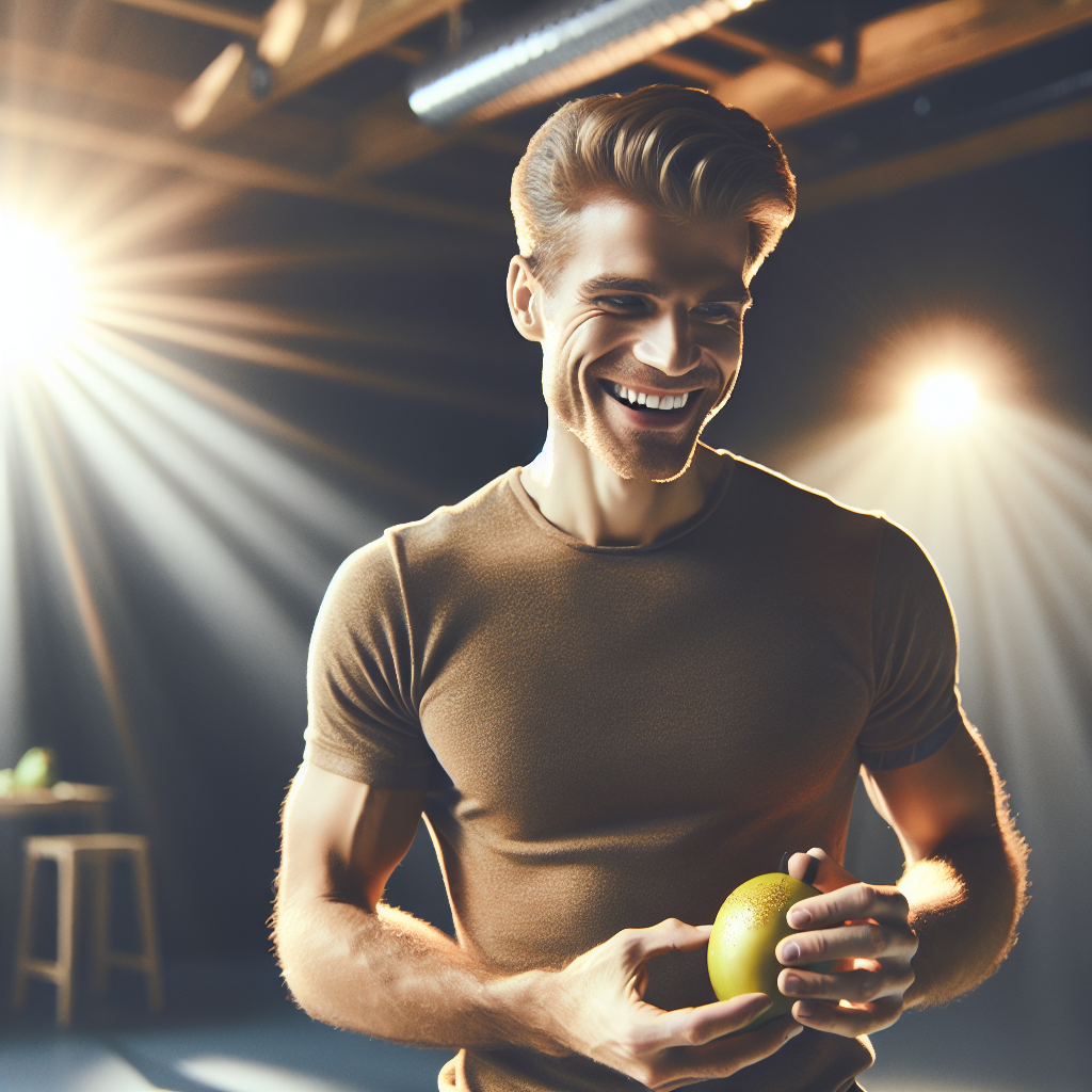 A fit and healthy person, subtly showing a lean midsection, smiling confidently while engaging in a light physical activity like stretching or holding a fresh piece of fruit. The overall image should radiate vitality, well-being, and success in a healthy lifestyle. Bright, natural lighting, realistic and encouraging.