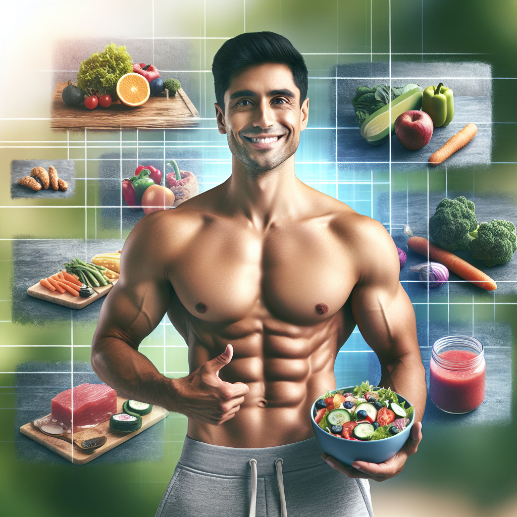 A vibrant, optimistic image featuring a fit and healthy person (gender neutral, either male or female) with a noticeably toned and flat abdomen, smiling confidently. They are holding a bowl of colorful, fresh salad or a piece of fruit. In the background, subtly blurred, are elements symbolizing a healthy lifestyle: fresh vegetables, lean protein, and perhaps a hint of a light exercise environment. The lighting is bright and natural, conveying vitality and well-being. Realistic photo style.