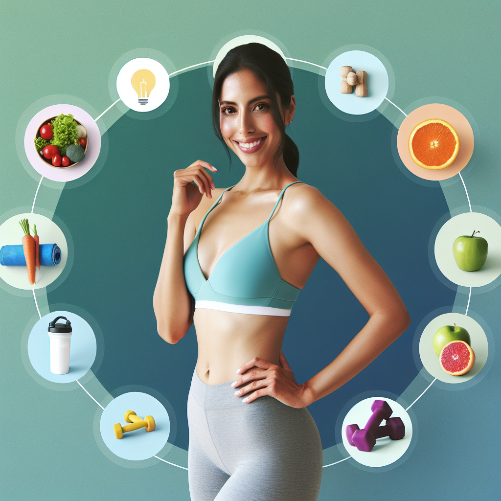 A vibrant and optimistic image depicting a person with a noticeably flatter and toned stomach, confidently smiling. Around them, elements symbolizing a healthy lifestyle like fresh fruits, vegetables, and light sports equipment are subtly visible, conveying progress, health, and well-being in a modern, clean aesthetic.