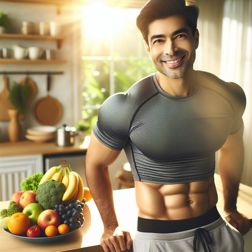 A person (diverse, mid-30s) smiling confidently in active wear, perhaps subtly indicating a more toned core without being overly explicit. In the background, elements of a healthy lifestyle are visible: a plate of fresh fruits and vegetables on a kitchen counter and sunlight streaming through a window, suggesting an active morning. The overall mood is positive, empowering, and signifies success in reducing belly fat through a balanced approach. Realistic photo, bright and natural lighting.