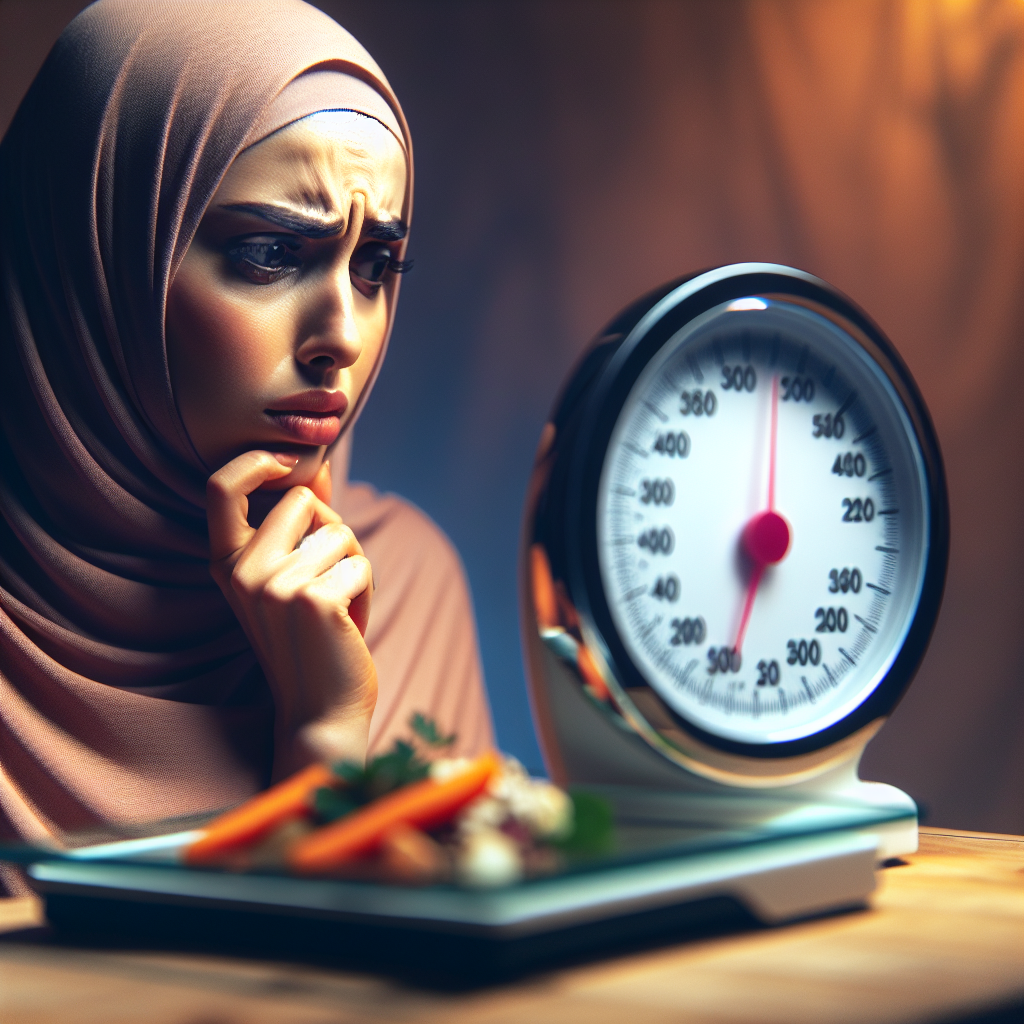 A person looking frustrated and bewildered, staring intently at a bathroom scale that shows no change, despite a single, very small and healthy portion of food sitting on a table next to them. The scene conveys a sense of exasperation and effort without reward, with soft, contemplative lighting.