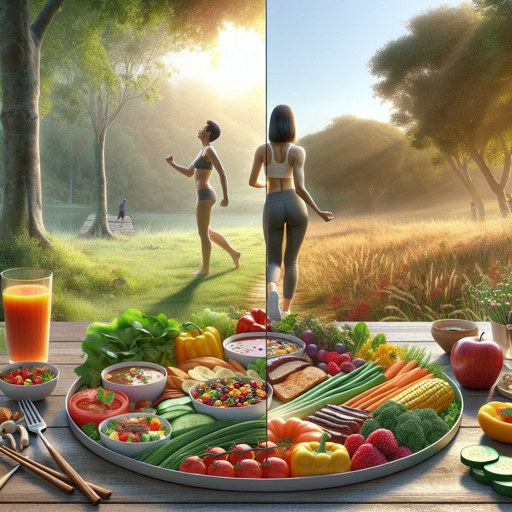 An inspiring, balanced scene for sustainable weight loss that explicitly avoids the concept of the 'yo-yo effect'. The image features a vibrant, healthy meal on one side: a colorful plate abundant with fresh vegetables, fruits, whole grains, and lean protein, suggesting a diverse and satisfying diet. On the other side, a person (gender-neutral, healthy build) is calmly engaging in a light, enjoyable outdoor activity, such as walking or gentle stretching in a serene park with natural sunlight. The overall aesthetic conveys long-term well-being, steady progress, and a healthy lifestyle through balanced nutrition and moderate, consistent activity, symbolizing freedom from rapid weight fluctuations. Emphasize a sense of enduring calm and positive self-care. Digital painting style, soft, encouraging tones.