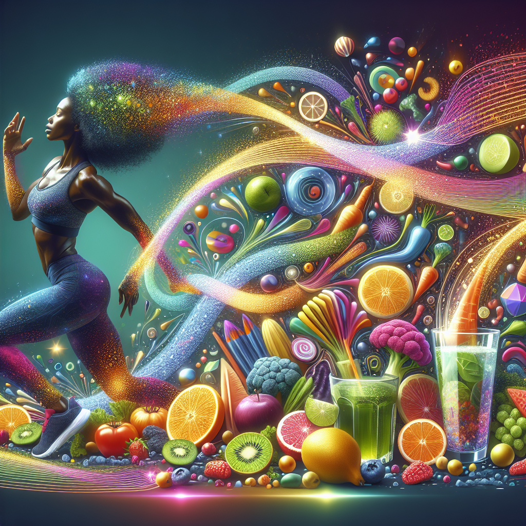 A vibrant and energetic scene illustrating a boosted metabolism. A fit person is performing a dynamic, full-body stretch or a light, active movement, radiating an aura of energy. Around them are elements of healthy nutrition like colorful fresh fruits, vegetables, and a glass of water. Abstract glowing lines and swirling energy particles connect these elements, symbolizing active energy conversion and metabolic processes. The overall style is bright, clean, and inspiring, with a focus on health and vitality.