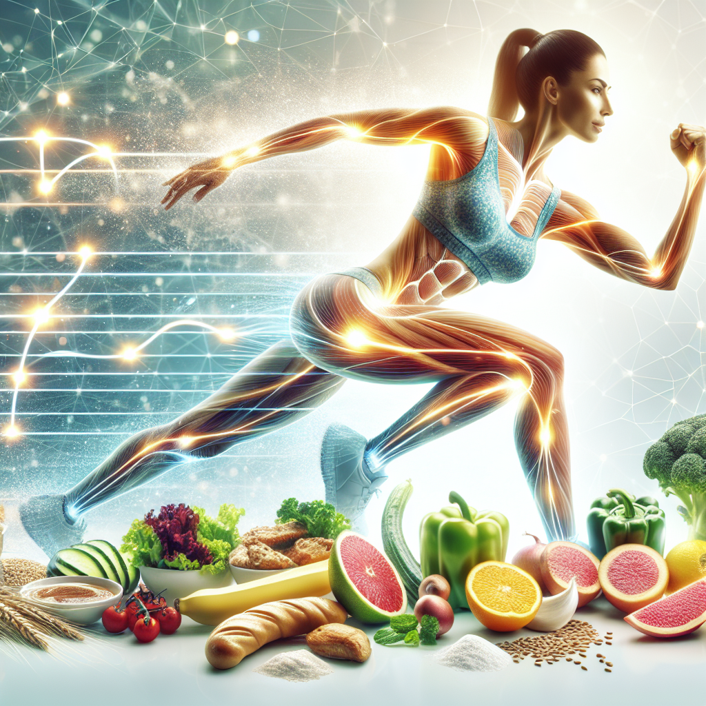 A vibrant and dynamic image featuring a healthy, energetic person in the act of light exercise (e.g., stretching, gentle jog), seamlessly blended with an array of fresh, metabolism-boosting foods like lean protein, vibrant vegetables, and whole grains. Subtle glowing energy lines or abstract cellular patterns radiate around the person, symbolizing an active metabolism, vitality, and health. The style is bright, clean, modern, and encouraging, with a focus on natural light.