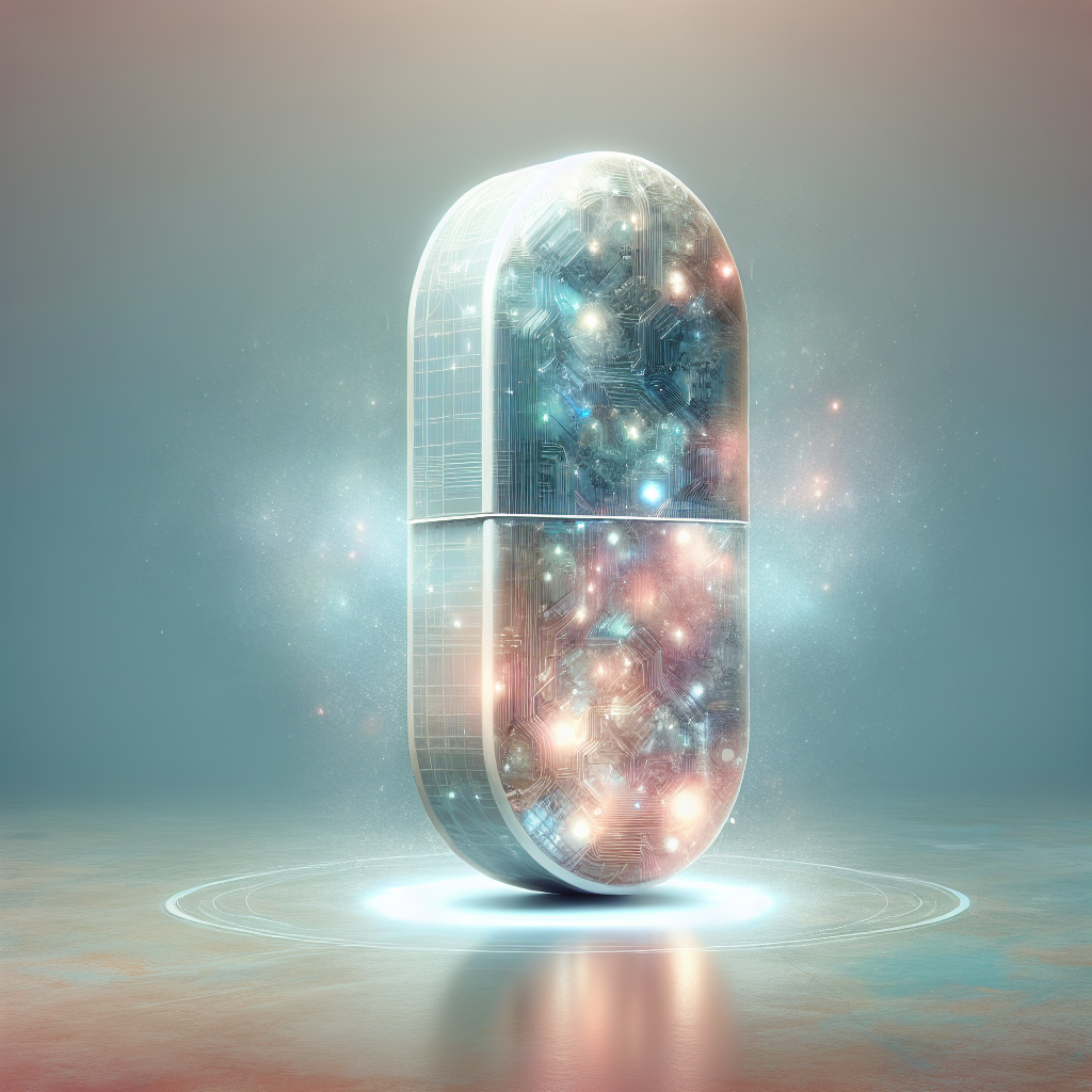 A beautifully designed, futuristic or fantasy-style 'miracle weight loss pill' glowing softly with a gentle, alluring light. The pill is suspended in the air, radiating a sense of effortless transformation and quick results. The background is clean and minimalist, emphasizing the pill as the sole focus. Soft pastel colors, highly cinematic and dreamlike. Subtle depth of field.
