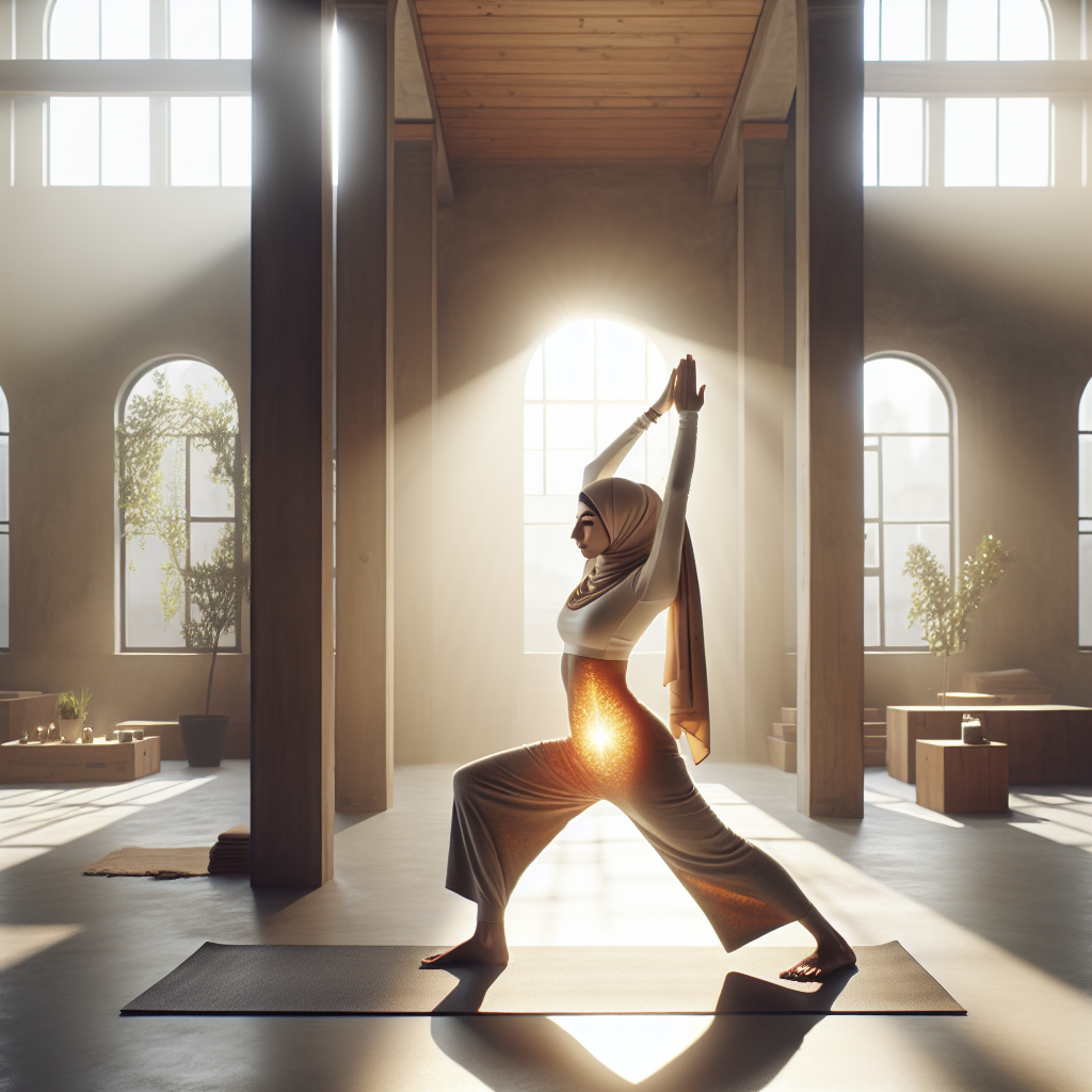 A person in an energizing and graceful yoga pose, such as Warrior II or a dynamic twist, in a bright, modern studio bathed in natural sunlight. Subtle, warm light emanates from their core, symbolizing an active metabolism and inner energy. The atmosphere is vibrant, healthy, and serene, with a focus on well-being and vitality. Cinematic, soft lighting.