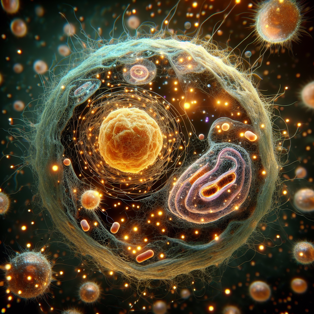 A vibrant, dynamic microscopic view of a human cell, glowing with energetic light particles flowing through its organelles, specifically highlighting mitochondria and the nucleus with bright, warm light. The image should convey a sense of active metabolism, energy generation, health, and vitality, with a clean, modern, and slightly futuristic aesthetic.