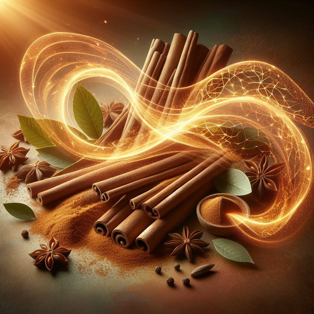 A vibrant and dynamic image featuring cinnamon sticks and ground cinnamon artfully arranged, with warm, golden, ethereal energy lines swirling and emanating from them, symbolizing boosted metabolism and internal vitality. The background is soft, clean, and has a healthy, natural feel, emphasizing wellness and energy. High detail, cinematic lighting.