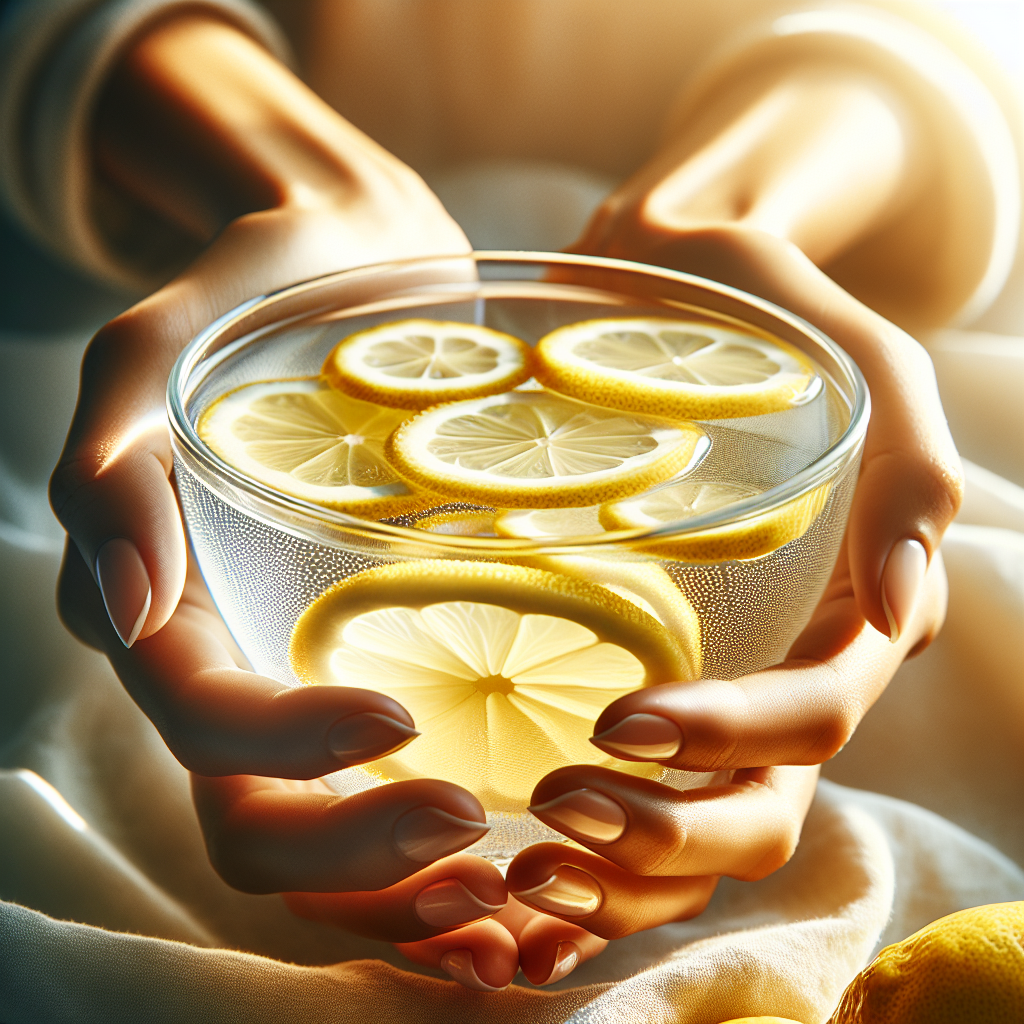 A refreshing close-up of hands holding a clear glass of warm lemon water, with vibrant lemon slices visible inside. The scene is bathed in soft, natural morning light, evoking a sense of calm and a healthy start. Subtle, dynamic lines or a gentle glow emanate from the glass, symbolizing boosted metabolism and awakening energy. The overall aesthetic is clean, fresh, and inspiring for wellness and healthy living.
