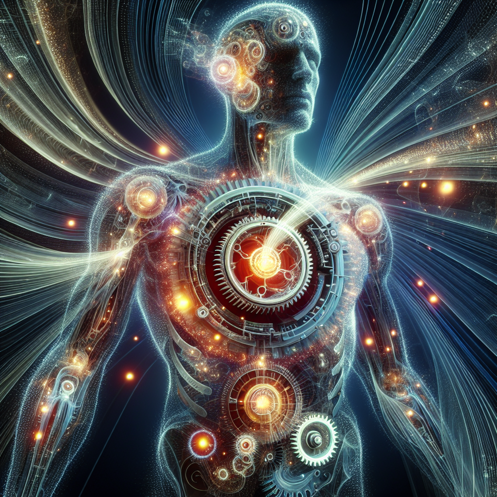 A stylized, abstract image of a human torso with a visibly overactive internal energy system. Imagine glowing gears or an internal furnace burning fuel (represented by bright, rapidly moving light particles) at an extreme, almost 'fast forward' speed, conveying a sense of rapid depletion and hyperactivity. The overall tone should be energetic yet subtly imbalanced. Digital art, high contrast.