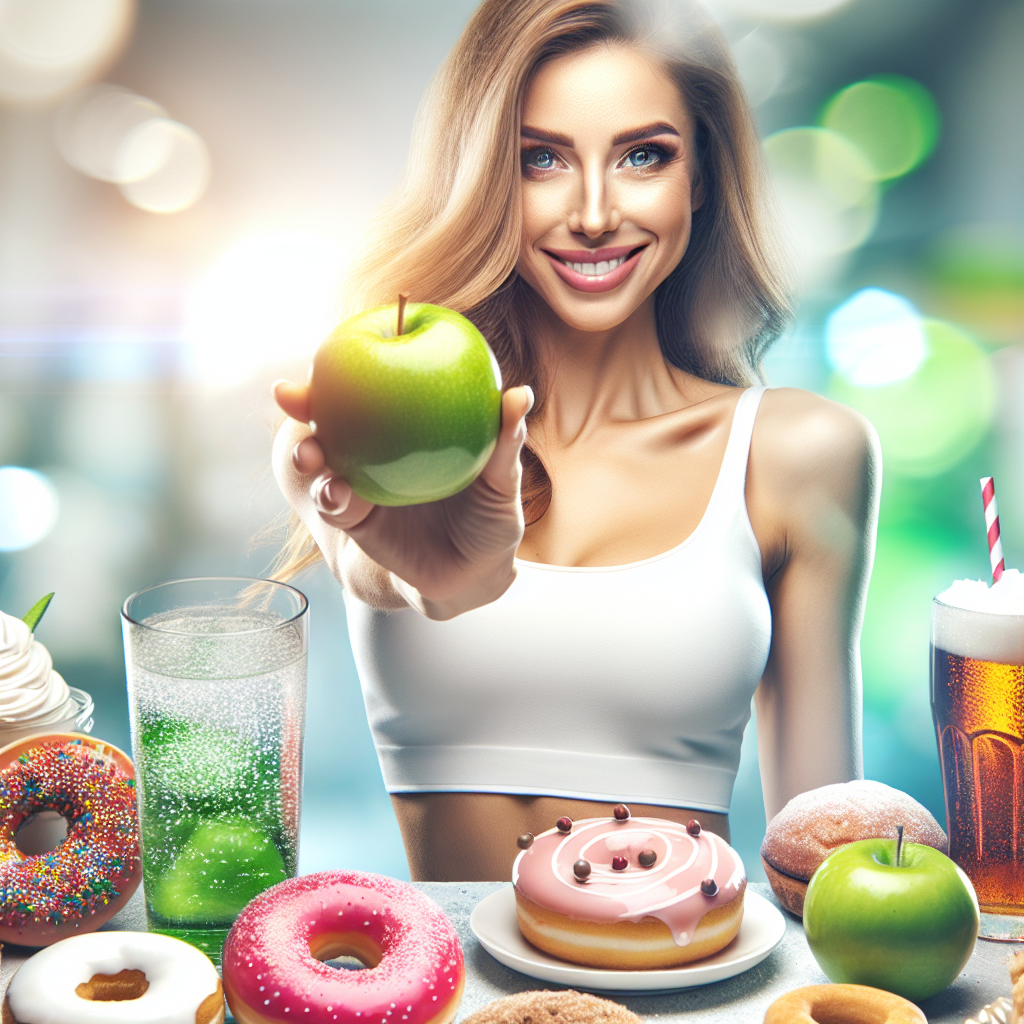 A vibrant, healthy-looking person with a confident smile and a slender physique, gracefully pushing away a blurred background of tempting sugary foods like donuts, cakes, and sodas. In the foreground, they hold a crisp green apple and a glass of sparkling water, symbolizing a successful sugar-free diet and healthy weight loss. The lighting is bright and optimistic, emphasizing a fresh start.