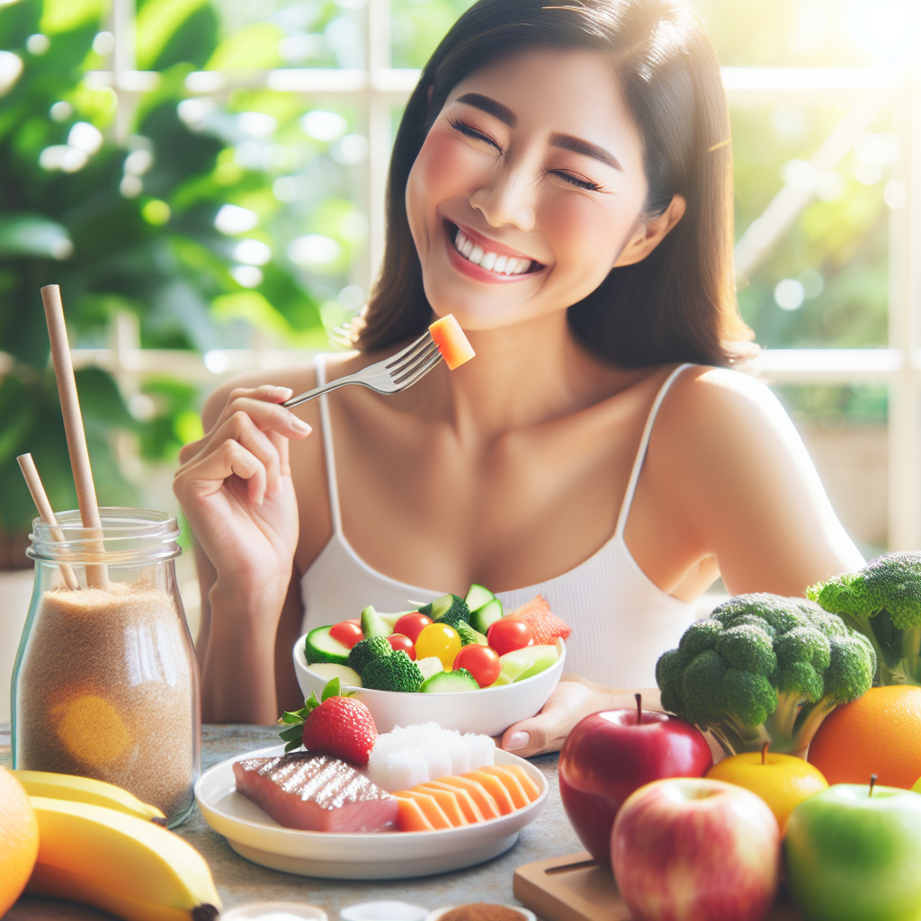A vibrant and appealing image featuring a healthy, smiling person enjoying a colorful, sugar-free meal of fresh fruits, vegetables, and lean protein. No refined sugars or processed foods are visible. The setting is clean and natural, emphasizing wellness, energy, and a vibrant lifestyle, with soft, natural lighting and a focus on healthy food choices.