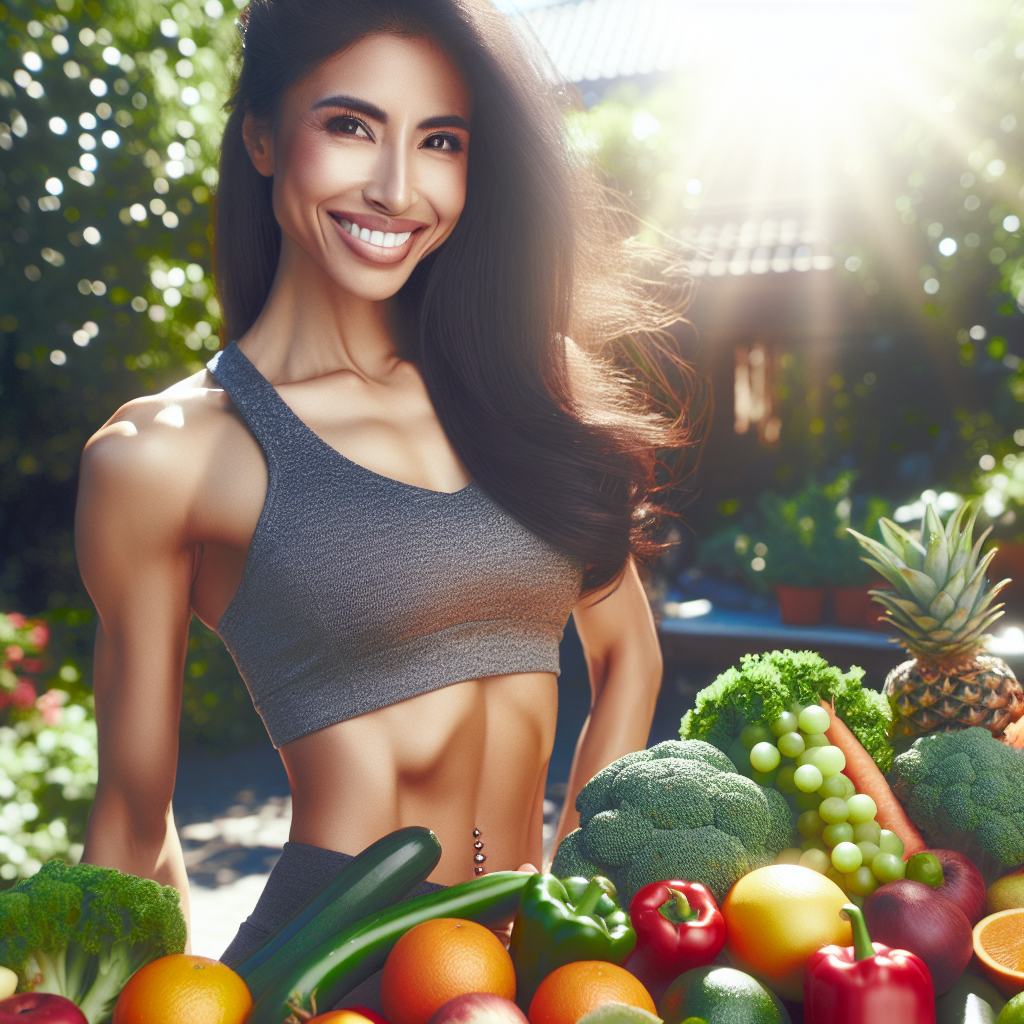 A radiant, healthy person with a fit and slender physique, smiling confidently while surrounded by an abundance of fresh, vibrant fruits and vegetables. The setting is bright and natural, conveying energy and well-being, symbolizing a successful journey towards a sugar-free lifestyle and healthy weight loss.