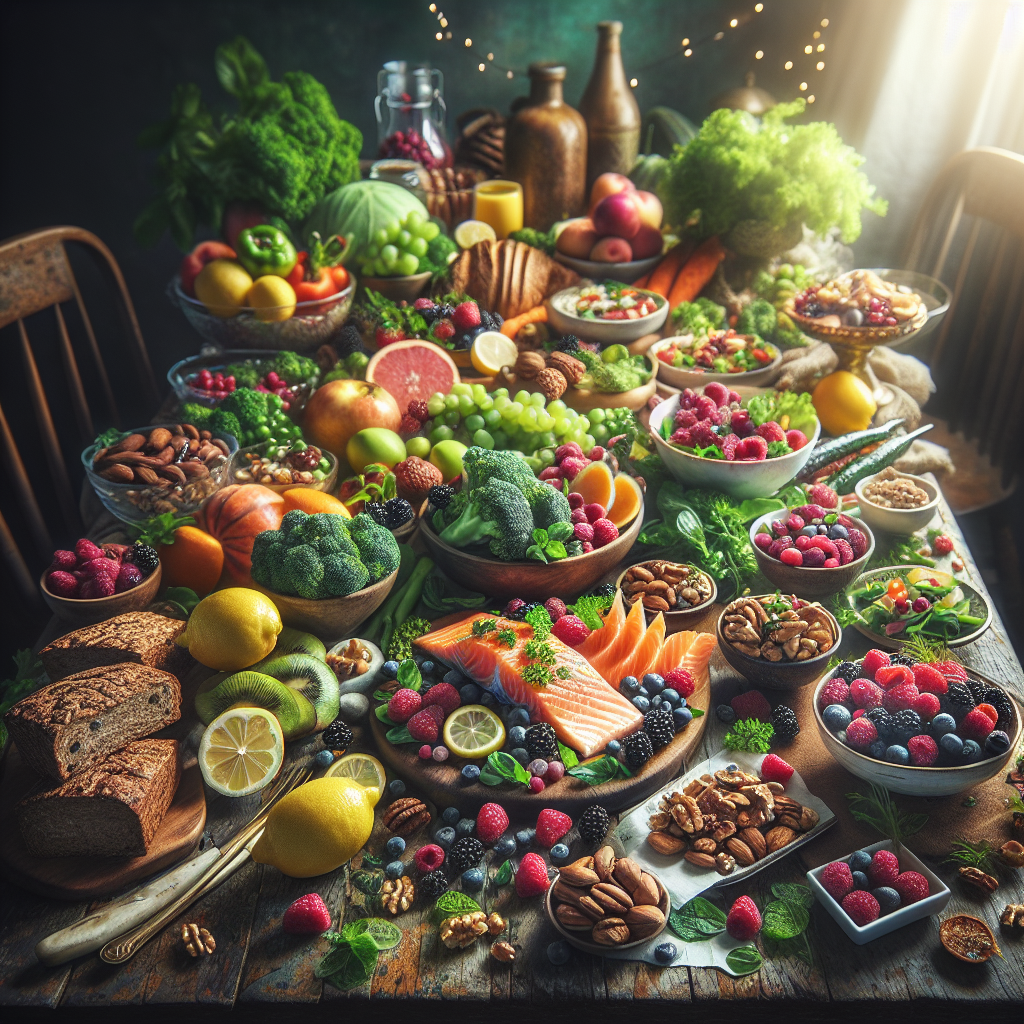 A vibrant and appetizing spread of delicious, sugar-free foods on a rustic wooden table. Feature colorful fresh berries, leafy green vegetables, grilled salmon with lemon and herbs, a bowl of wholesome nuts, and whole-grain bread. The arrangement should look abundant and indulgent, conveying health and enjoyment without deprivation. Soft, natural light, high-quality food photography style.