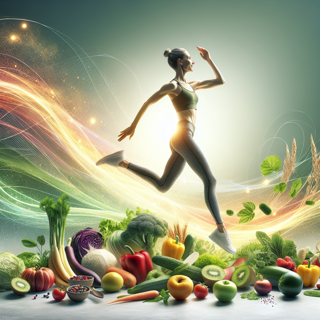 A vibrant, inspiring image of a person (gender-neutral) in dynamic motion, perhaps lightly leaping or jogging with a joyful, energetic expression, symbolizing rapid and healthy progress. They are surrounded by an artful arrangement of fresh, colorful, healthy foods like crisp vegetables, bright fruits, and lean protein, subtly integrated into the scene. The background is clean and bright, with a soft, natural light (like a morning glow) suggesting a fresh start and overall well-being. The style is modern, optimistic, and encourages a healthy lifestyle.