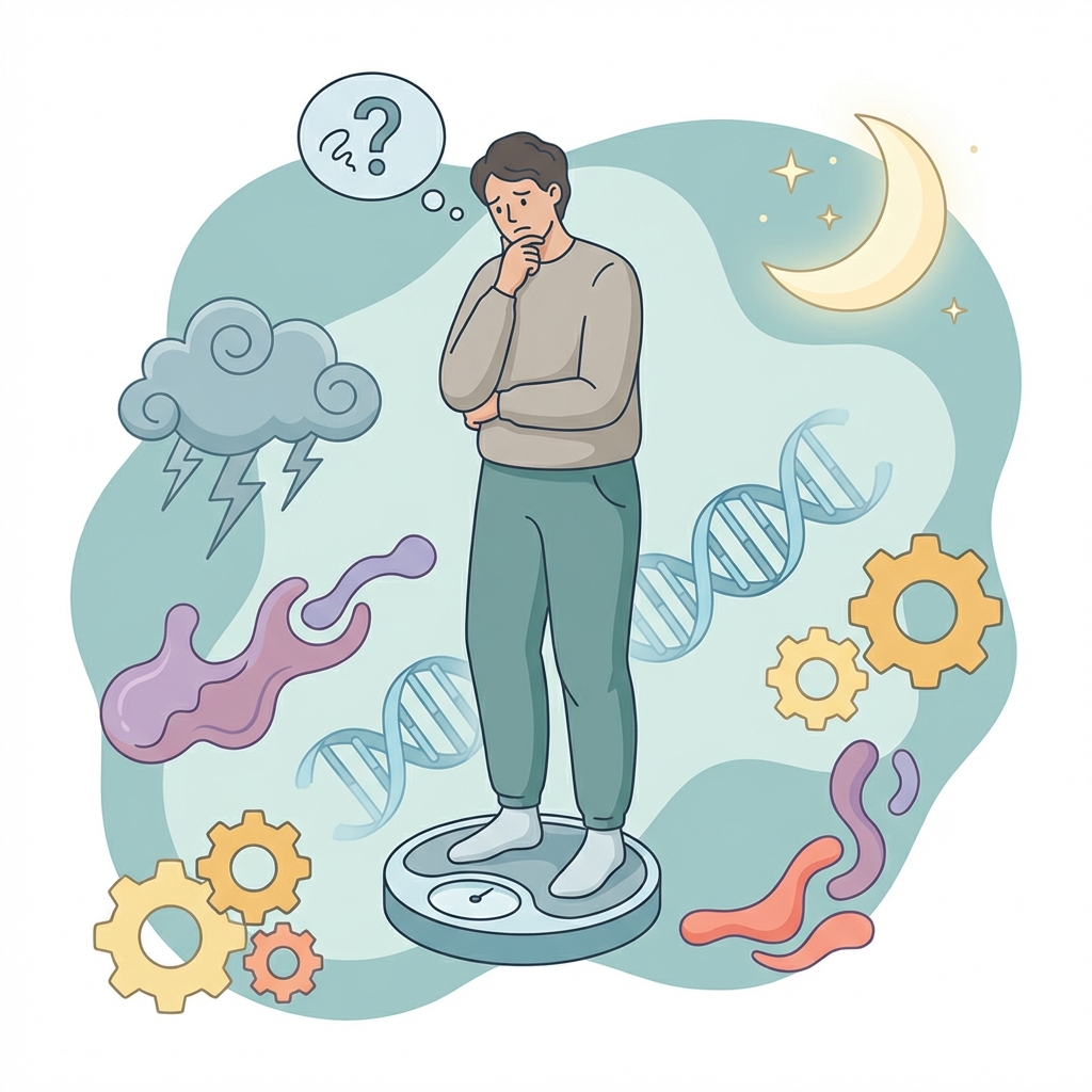 A contemporary, clean vector illustration depicting a person standing on a bathroom scale, looking perplexed or slightly frustrated. Around and subtly integrated into the scale's base or background, abstract symbolic elements are floating or interweaving: delicate DNA helix structures for genetics, interlocking gears for metabolism, flowing organic shapes for hormones, a swirling cloud for stress, and a crescent moon for sleep. These elements represent the unseen, complex factors influencing weight, making the scale's reading seem less straightforward. The color palette should be calming yet thought-provoking.